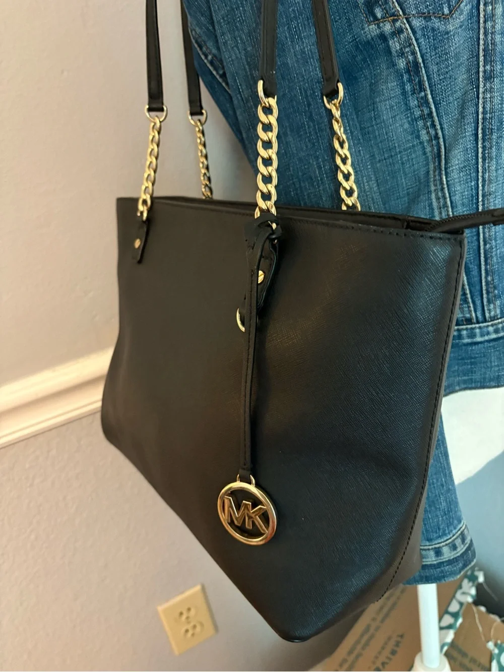 Michael Kors Black Saffiano Leather Tote with Gold Chain Detail
